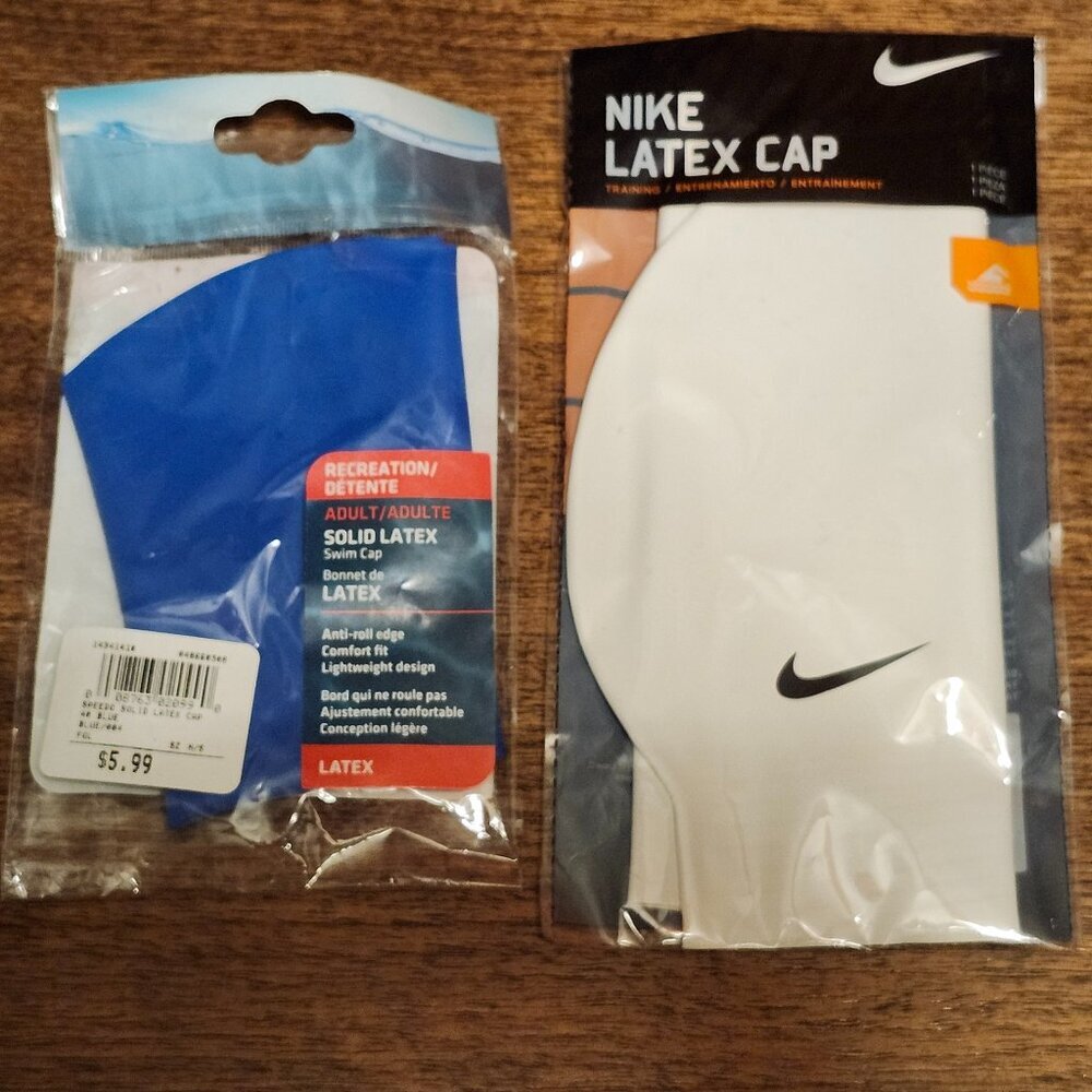 PAIR of Latex Swim Caps BNIP Nike and Speedo Adult Swim Caps